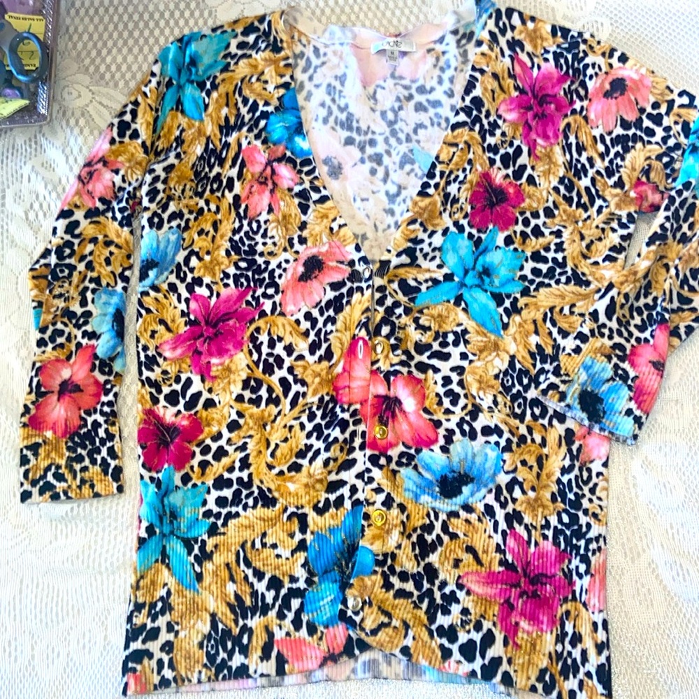 Floral Leopard Print V-Neck Cardigan Sweater - Multicolor